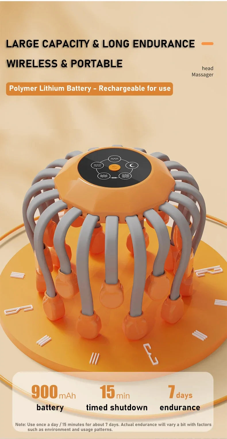 NNEOBA 20-Head Scalp Massager with Red Light Therapy Octopus Scratcher Orange